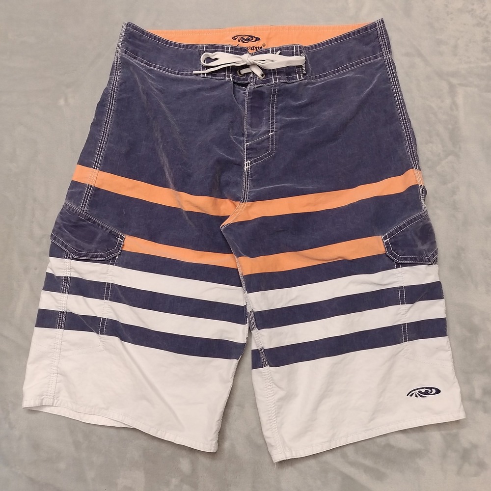 Palmwave Shorts Mens 32 Blue Striped Board Cargo Swim Trunks Surf Summer Beach